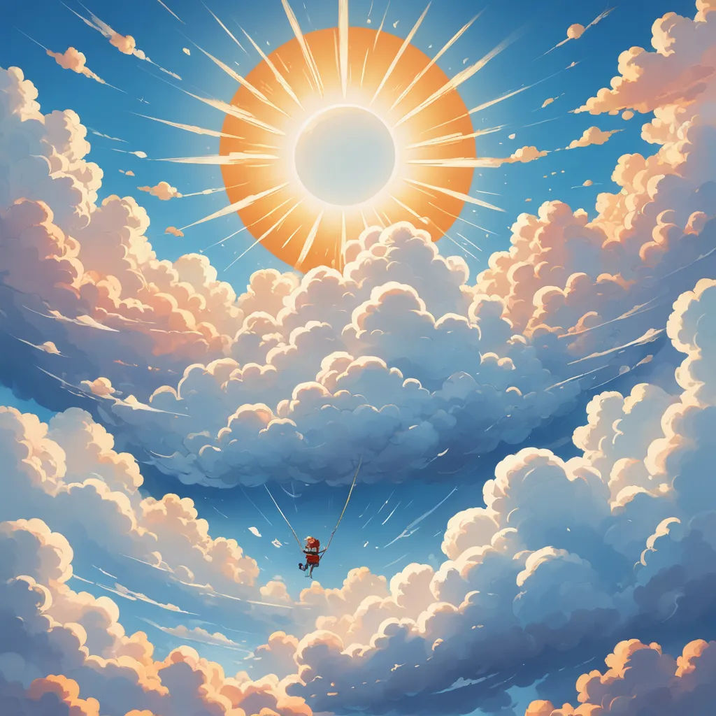 a painting of a person flying through the sky with a kite in the air above them and a sun in the sky, fantasy art, a storybook illustration, Chris LaBrooy, sky