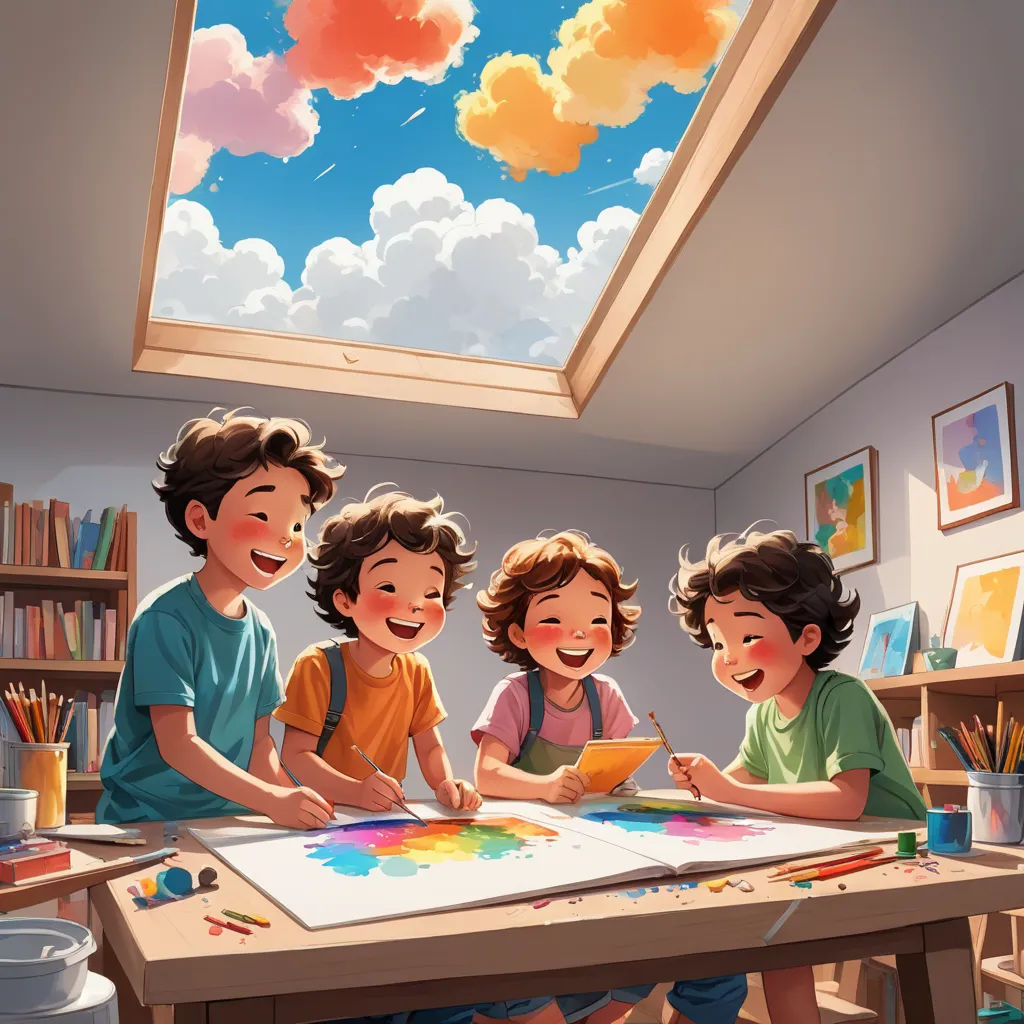 a group of kids sitting around a table with a painting on it and a skylight above them in a room, vancouver school, a storybook illustration, Diego Gisbert Llorens, rossdraws global illumination