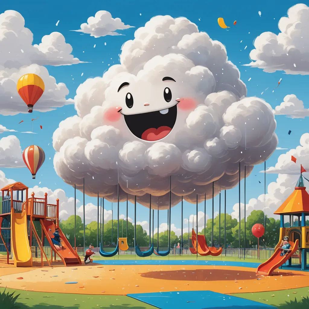 a cartoon cloud with a happy face on it's face in a playground area with a playground and a playground, pop surrealism, a storybook illustration, Chris LaBrooy, highly detailed digital painting
