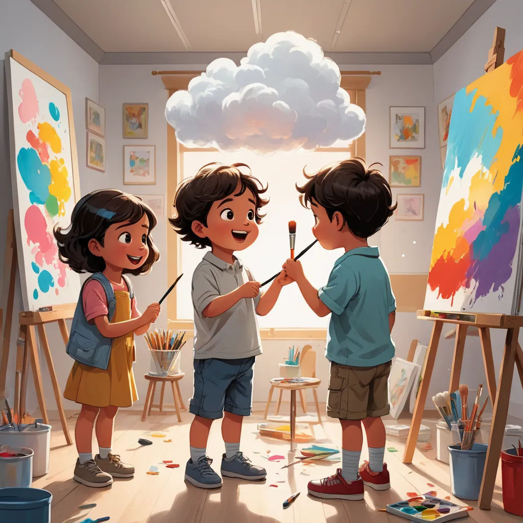 a couple of kids standing in front of a painting easel with paintbrushes in their hands and a cloud above them, action painting, a painting, artist, art station