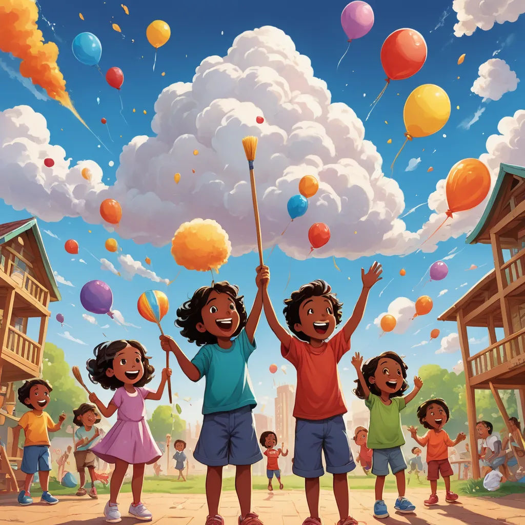 a group of children holding onto balloons in the air with a sky background and clouds in the sky above, american scene painting, a storybook illustration, Chris LaBrooy, storybook illustration