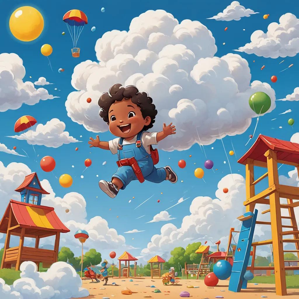 a cartoon boy is flying through the air with balloons and a playground in the background with a playground structure, american scene painting, a storybook illustration, Chris LaBrooy, highly detailed digital painting