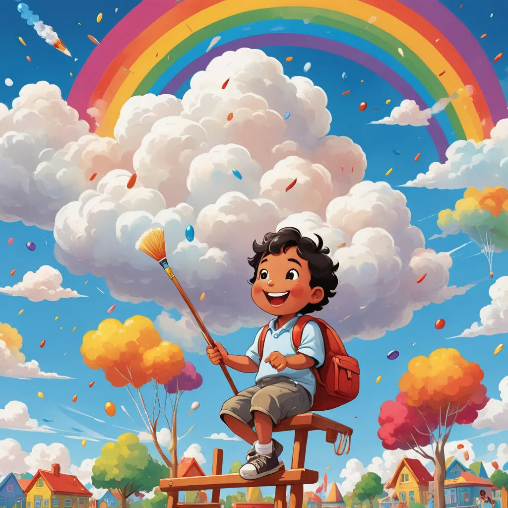 a boy sitting on a bench with a broom in his hand and a rainbow in the background with clouds, american scene painting, a storybook illustration, Chris LaBrooy, colorful clouds