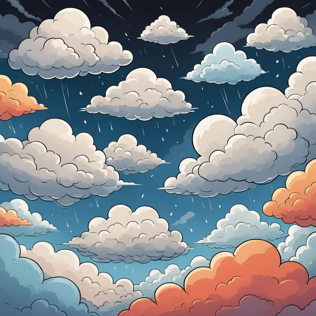 a cartoon sky with clouds and rain falling down on it, and a blue sky with white clouds and a few orange and red clouds, psychedelic art, a storybook illustration, Chris LaBrooy, clouds