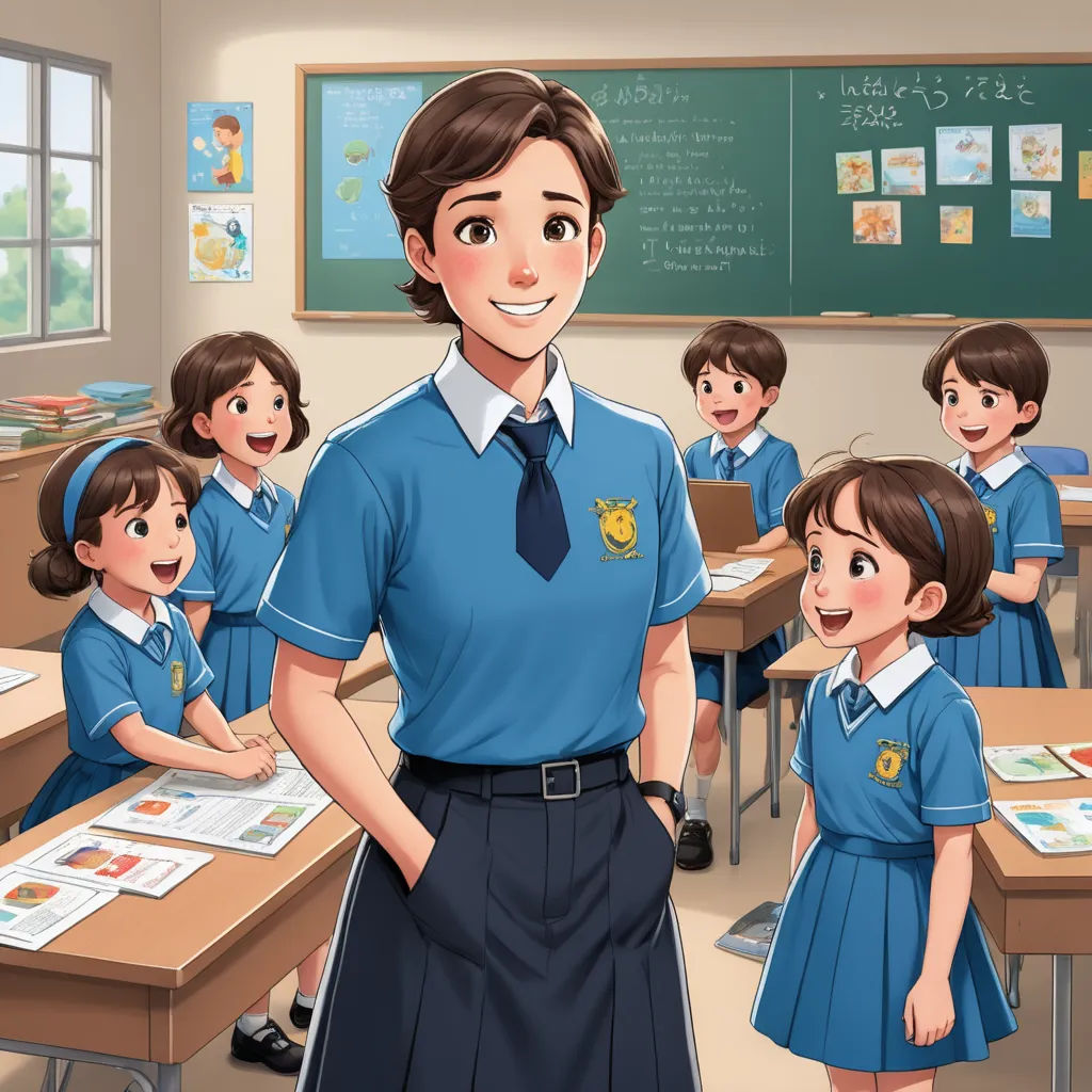 a cartoon of a school girl standing in front of a classroom full of students in blue uniforms and smiling, remodernism, a character portrait, Adam Manyoki, official art