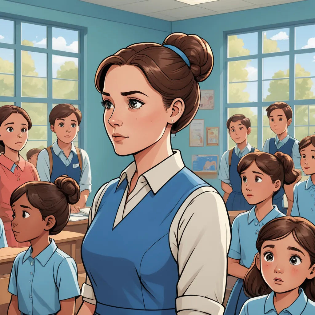 a cartoon of a woman in a classroom with a group of children behind her and a teacher in the background, remodernism, a comic book panel, Constance Gordon-Cumming, kinkade