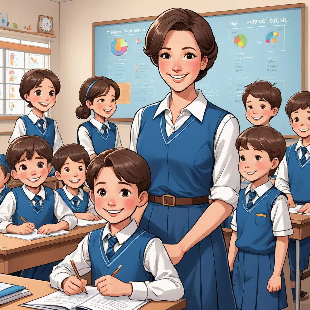 a woman teacher standing in front of a classroom full of students with a book and pencil in her hand, danube school, a storybook illustration, Choi Buk, official art