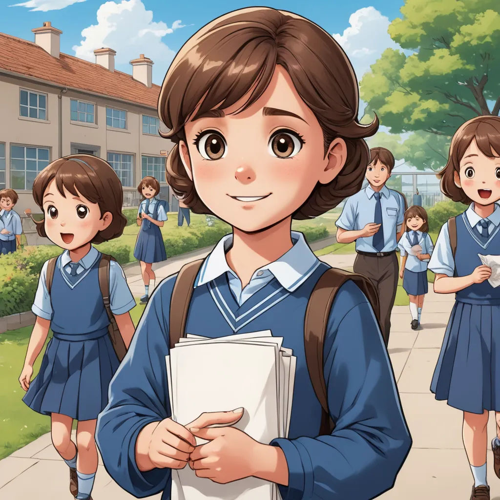 a cartoon of a girl in a school uniform holding a book and a book bag in front of a group of other girls, danube school, a character portrait, Chizuko Yoshida, official art