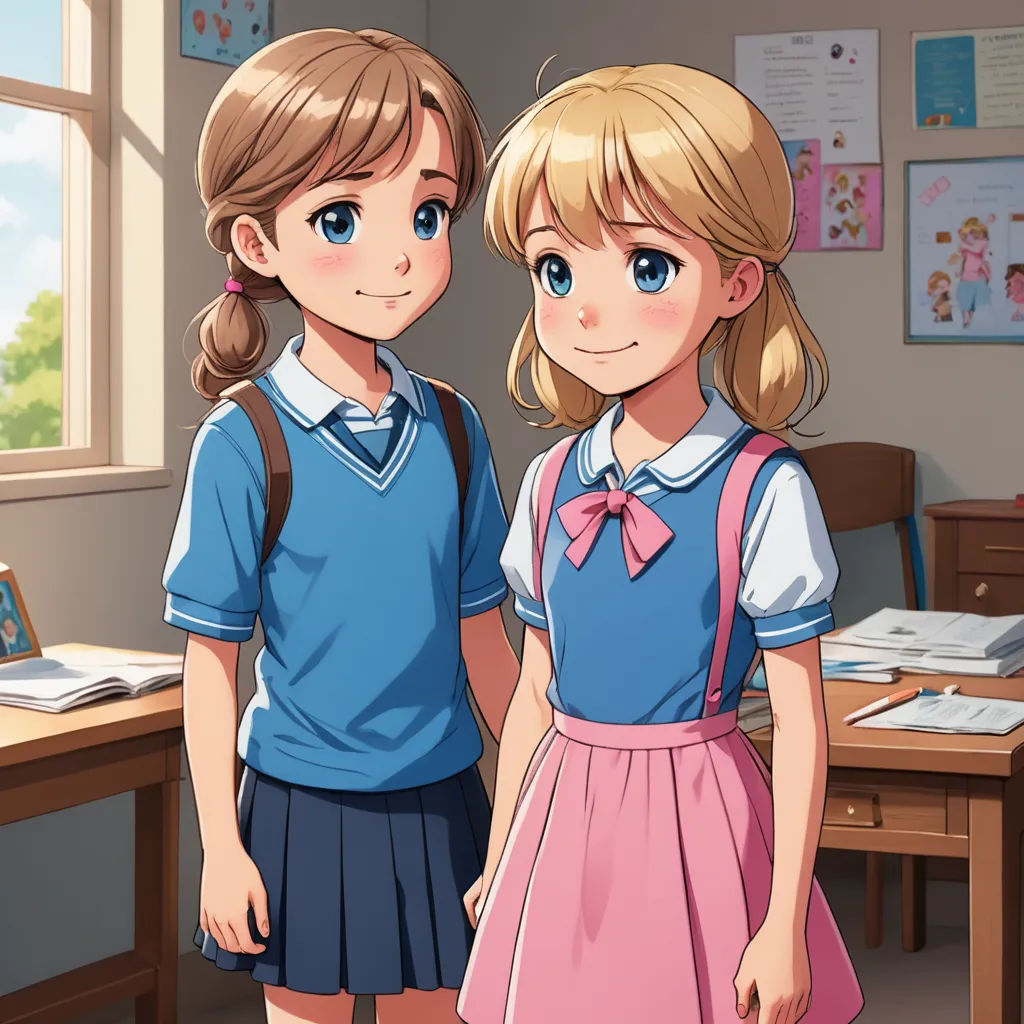 two young girls standing next to each other in a room with a desk and a window with a picture on it, remodernism, a character portrait, Anne Said, official art