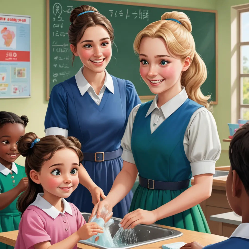 a group of children washing dishes in a classroom with a teacher and two girls in the background smiling at the camera, remodernism, a storybook illustration, disney, official art