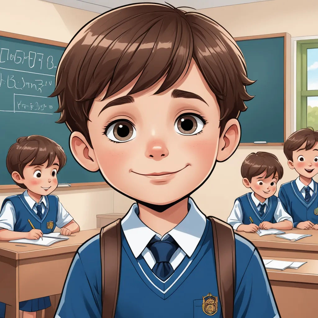a boy in a school uniform standing in front of a classroom full of students with a chalkboard in the background, paris school, a character portrait, Cedric Seaut (Keos Masons), official art