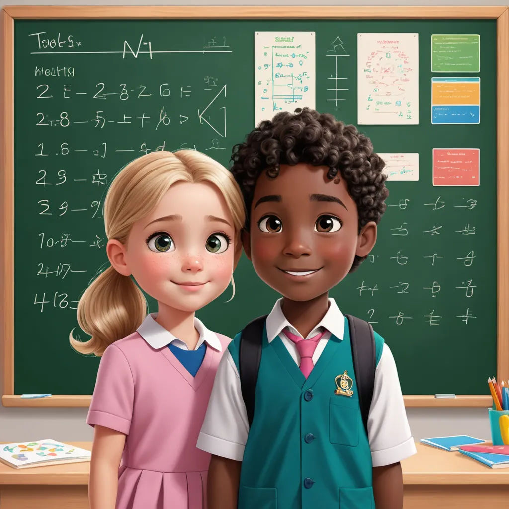 a couple of kids standing in front of a chalkboard with a blackboard in the background and a chalkboard with numbers on it, american scene painting, an oil painting, Eddie Mendoza, official art