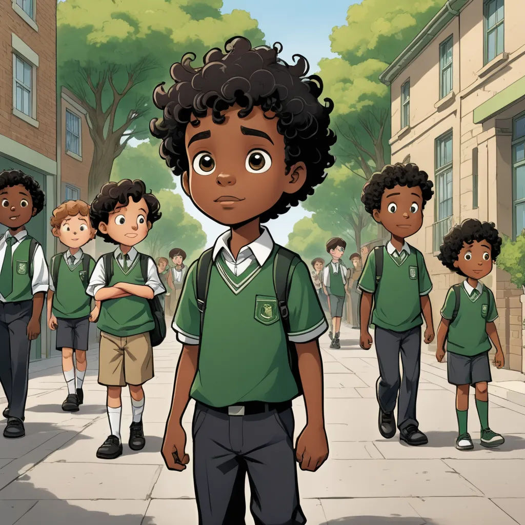 a cartoon of a boy in a green shirt and school uniforms standing in front of a group of other boys, afrofuturism, concept art, Cliff Childs, official art