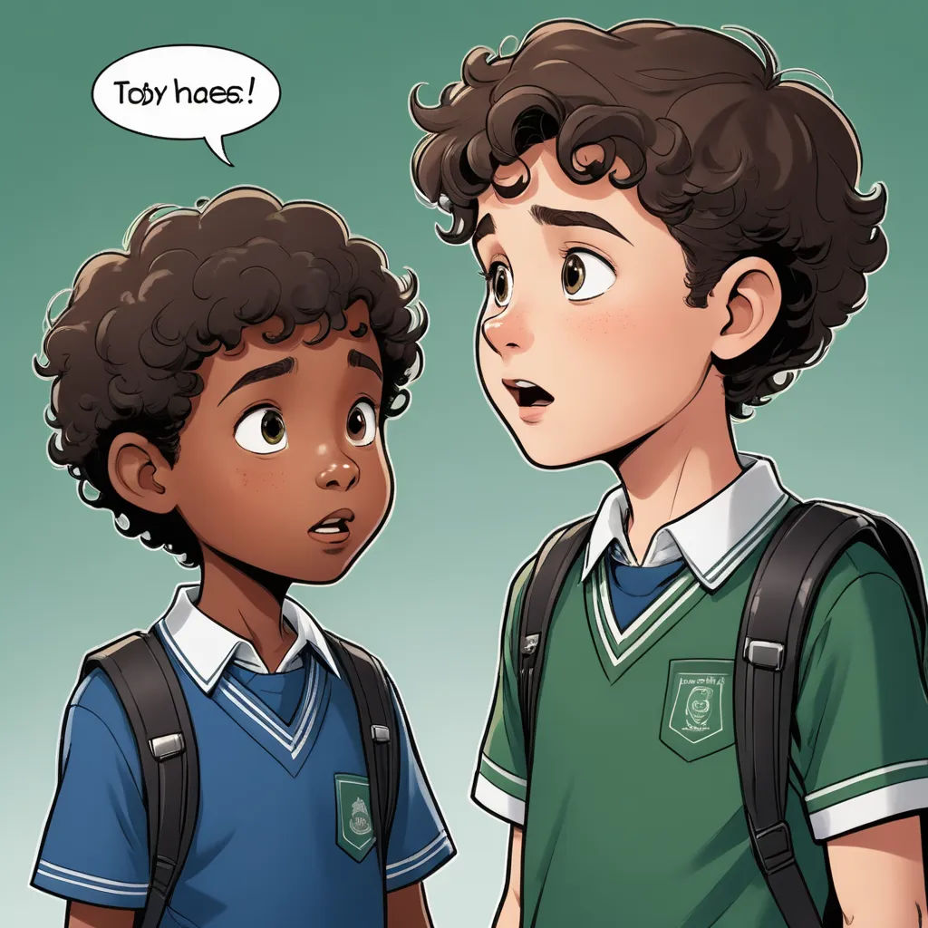 a boy and a boy with backpacks talking to each other with a speech bubble above them that says toy horses, sots art, a comic book panel, Adam Manyoki, trending on furaffinity