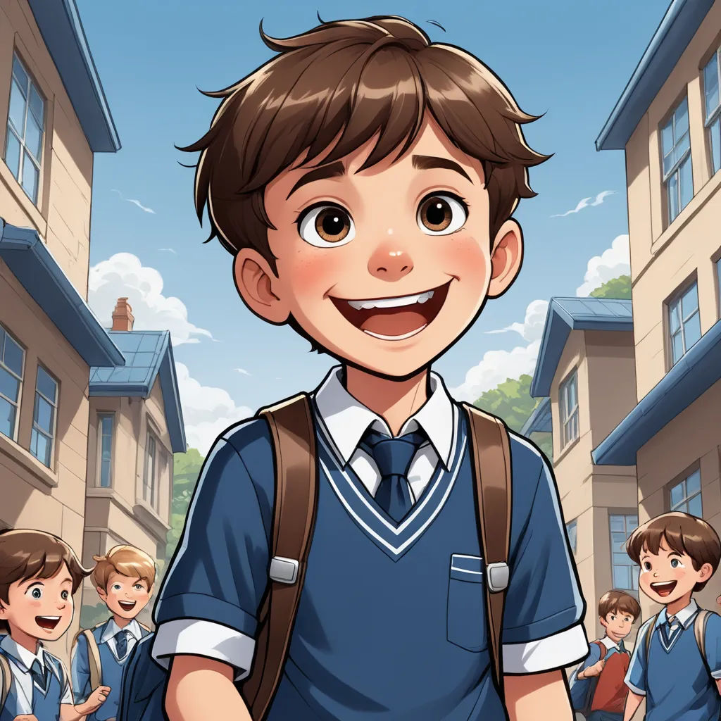a cartoon boy with a backpack and school uniform in front of a group of children in a city street, paris school, a comic book panel, Cedric Seaut (Keos Masons), official art
