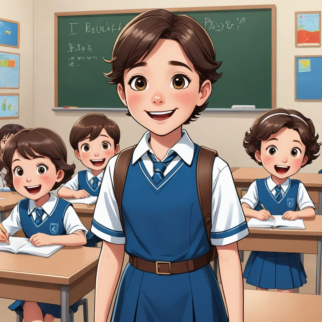 a cartoon of a girl standing in front of a classroom full of students with a teacher in the background, remodernism, a character portrait, Chizuko Yoshida, official art