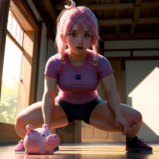 a woman kneeling down next to a pig toy in a room with a door and windows behind her,