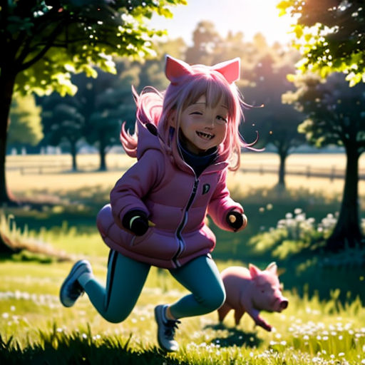 a little girl running through a field with a pig in the background and a pig in the foreground