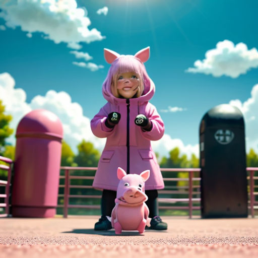 a little girl in a pink coat and pig toy standing next to a fence and trash can in the background
