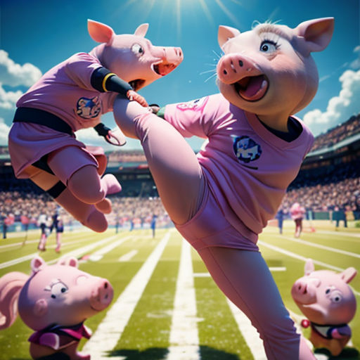 a group of pigs are performing a kick in a stadium with a football field in the background and a stadium full of people