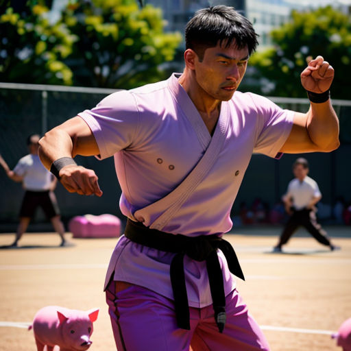 a man in a purple shirt is playing tennis on a court with a pig toy in the background and a fence in the foreground