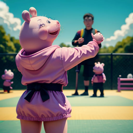 a person in a pink outfit standing on a tennis court with a peppo pig figure in the background