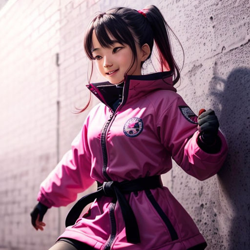 a woman in a pink coat leaning against a wall with her hand on her hip and looking at the camera
