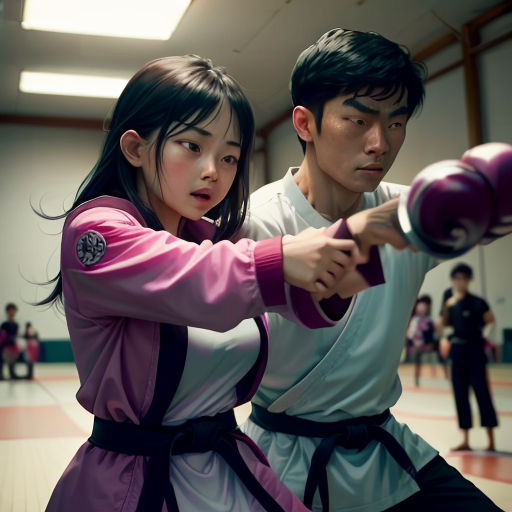 a man and woman in a martial stance with a woman holding a sword in the background and a man in a kimono
