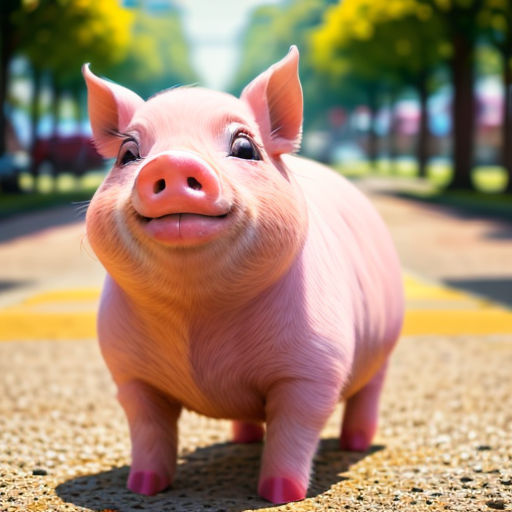 a pig that is standing on a road with trees in the background and a yellow line painted on the road