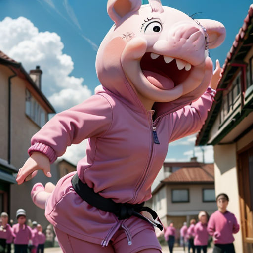 a pig mascot is dancing in front of a group of people in pink outfits on a street corner with houses