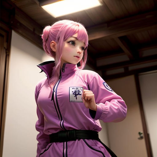 a woman in a pink outfit is standing in a room with a light on her head and a black belt around her waist
