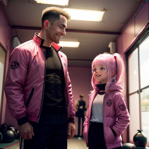 a man and a little girl standing in a room with a pink jacket on and a black shirt on