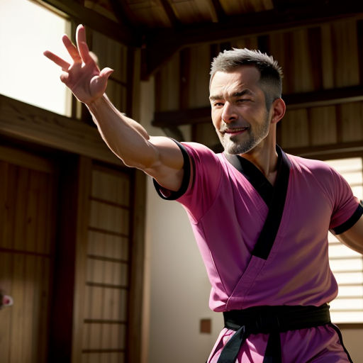 a man in a pink shirt is holding his arms out in the air with his hands out in the air
