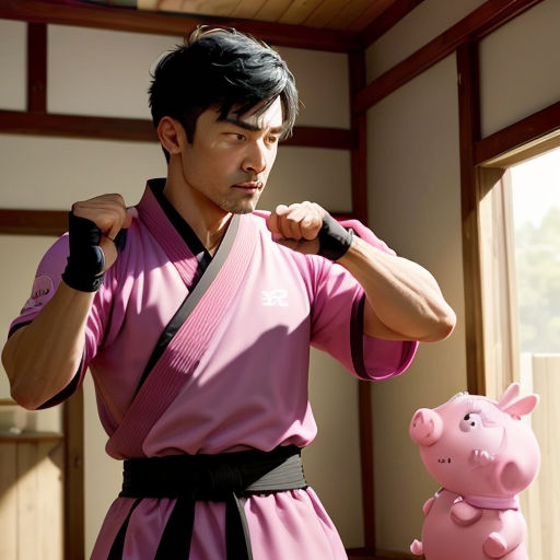 a man in a pink outfit is holding a pig toy in his hand and a pig statue in the other hand