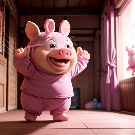a pig in a pink outfit standing on a tile floor next to a pig in a pink outfit and a pig in a pink outfit