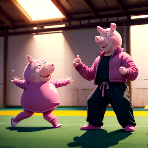 a pig and a piggy dance in a gym together in a cartoon style scene from the animated peppa pig