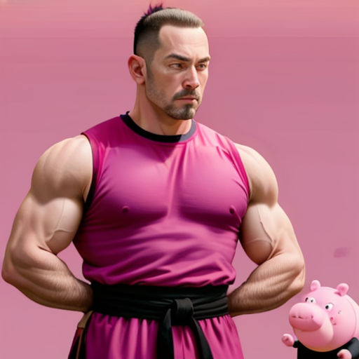 a man in a pink shirt holding a piggy bank and a pink background with a pink piggy bank