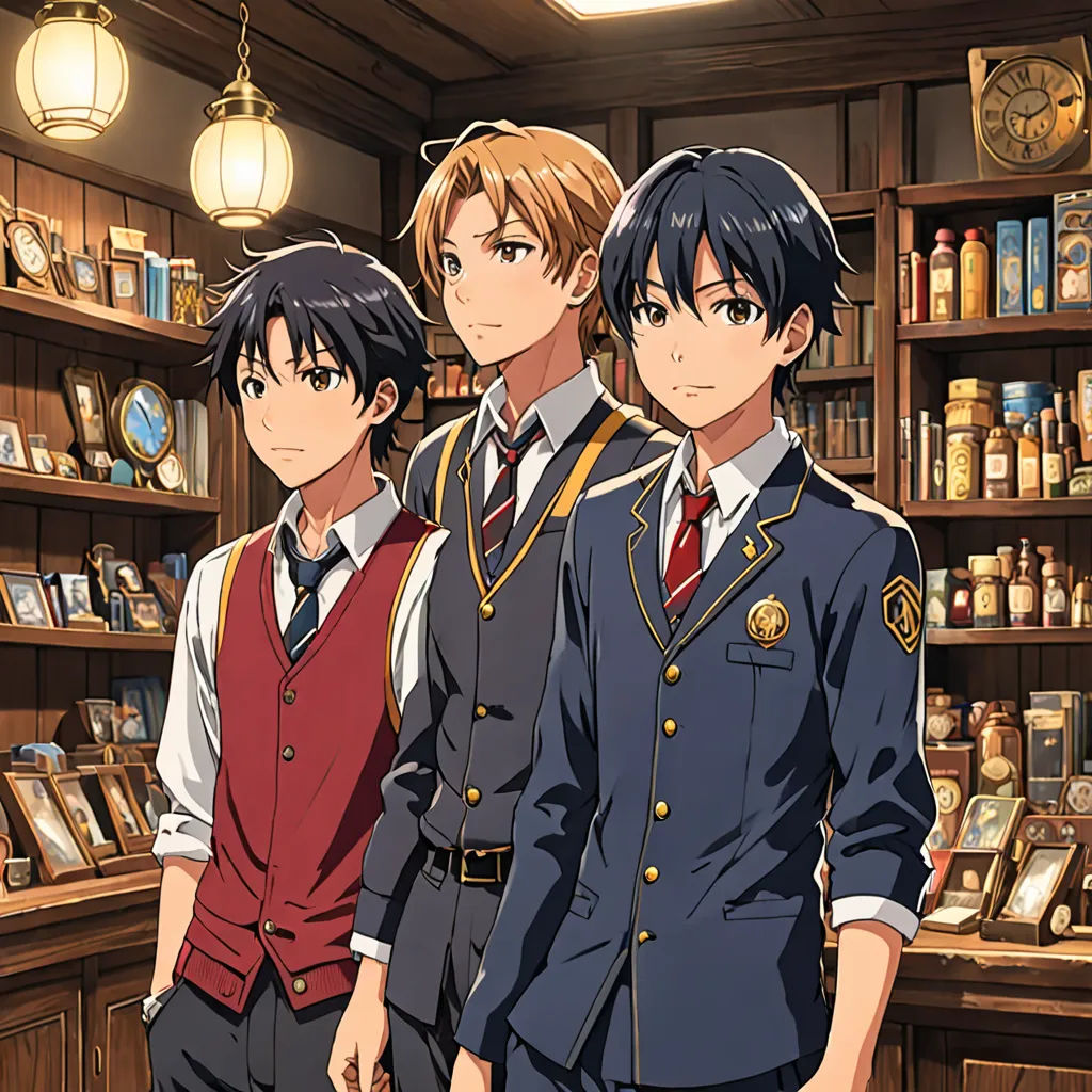 three anime characters standing in front of a shelf of bottles and jars in a store with a clock on the wall, remodernism, poster art, Ai-Mitsu, official art