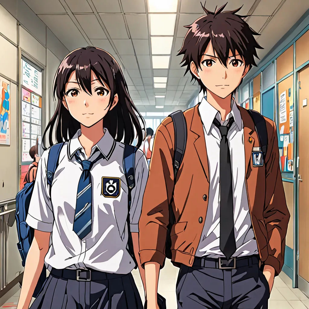 two people in school uniforms walking down a hallway together, with backpacks on their shoulders and a backpack on their shoulder, serial art, poster art, Ai-Mitsu, anime key visual