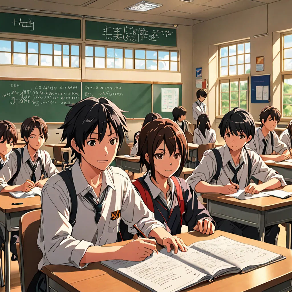 a classroom full of students sitting at desks with books in front of them and writing on paper on the desk, sots art, computer graphics, Ai-Mitsu, official art