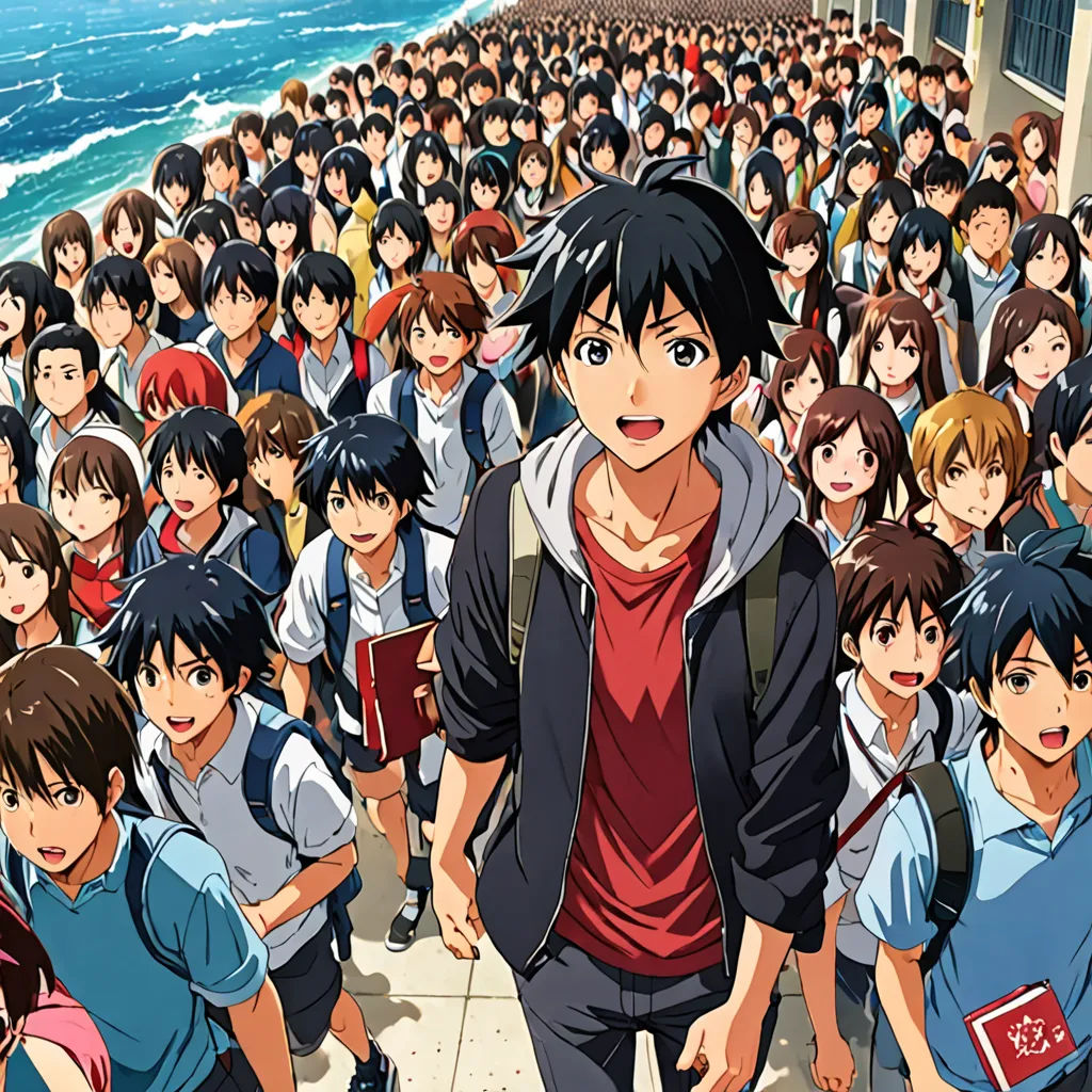 a large group of people standing next to each other on a sidewalk near the ocean with a man in a red shirt, rayonism, poster art, Aya Goda, official art