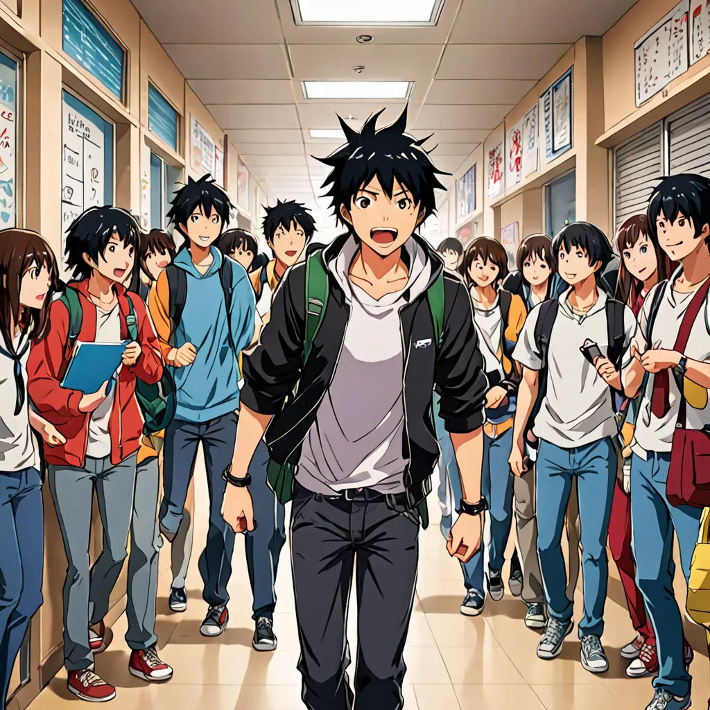 a group of people standing in a hallway next to each other with backpacks on their backs and a man with a backpack on his shoulder, rayonism, a screenshot, Baiōken Eishun, official art