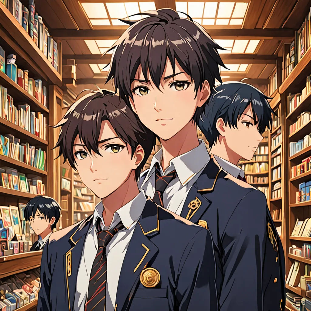 a group of people standing in a library with bookshelves behind them and a man in a suit, sots art, an album cover, Ai-Mitsu, official art