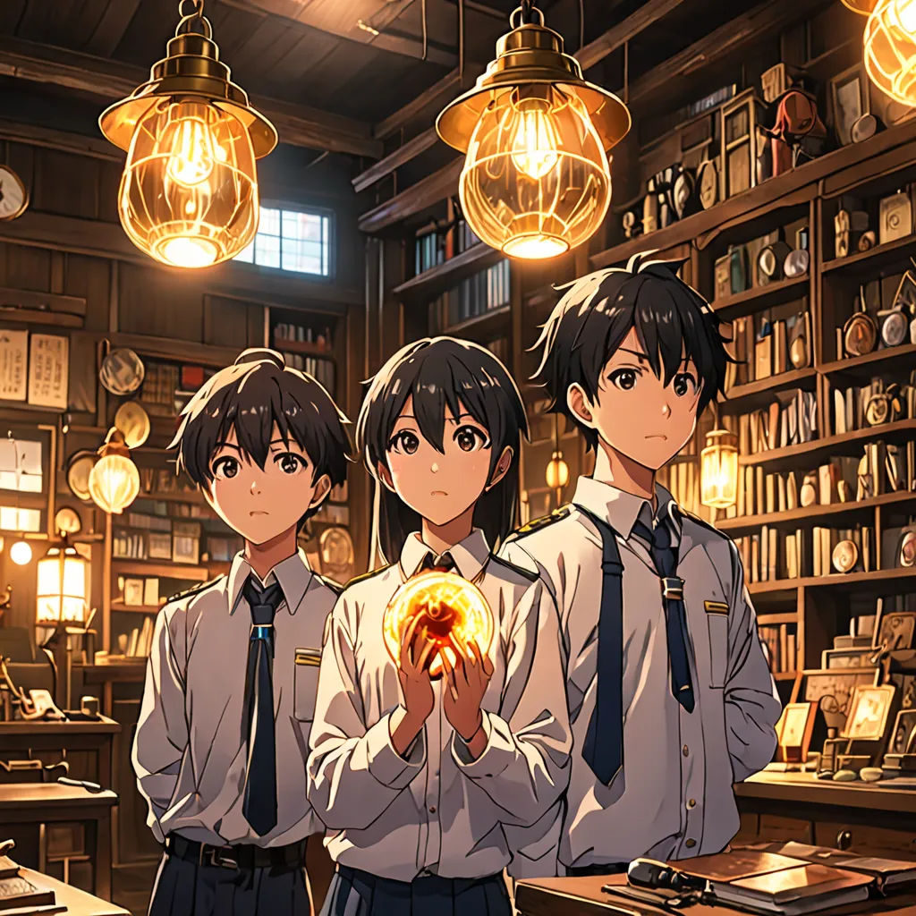 three people standing in a library holding a light bulb in their hands and looking at the camera with a smile, rayonism, poster art, Ai-Mitsu, official art