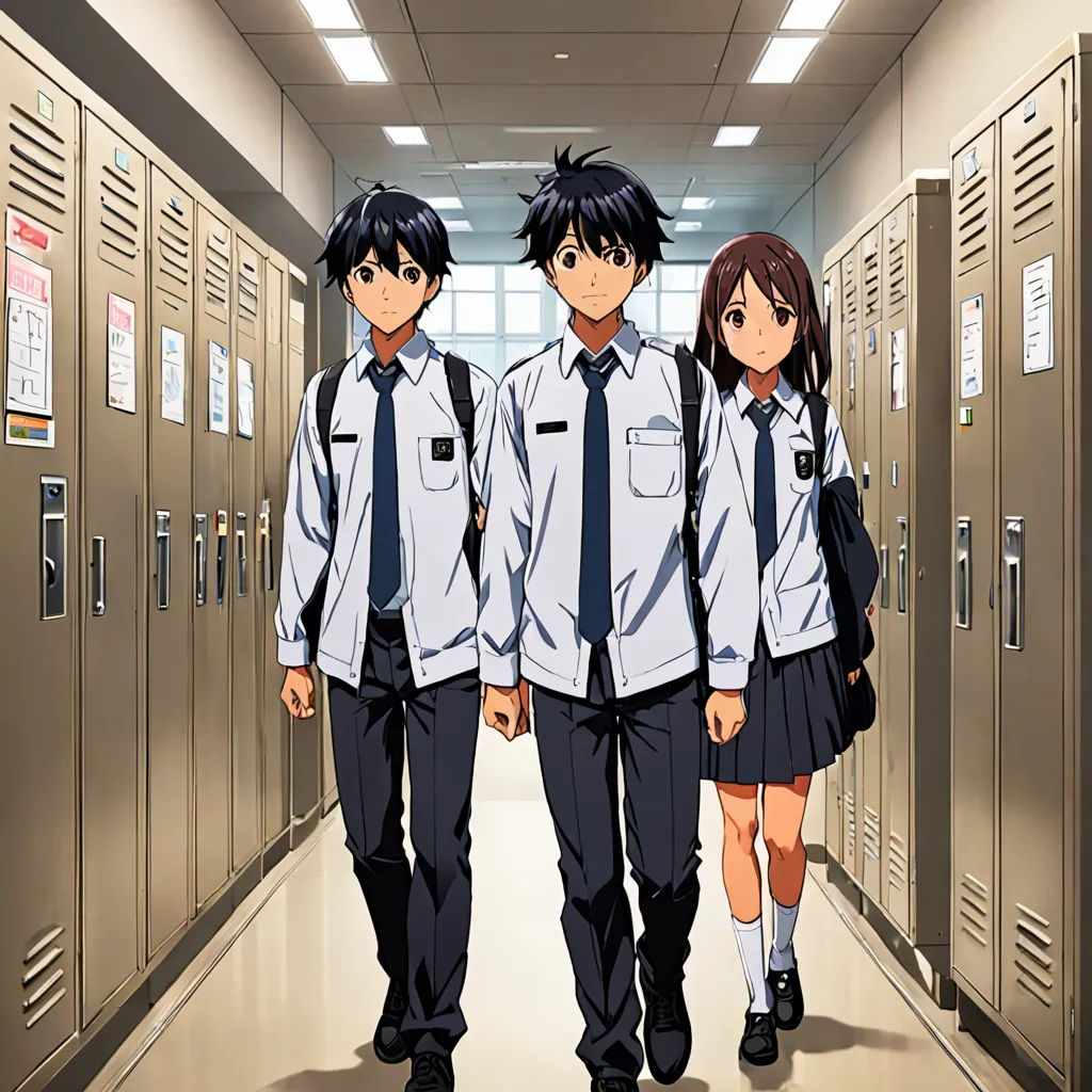 three people in school uniforms walking down a hallway with lockers in the background and a girl in the foreground, rayonism, poster art, Ai-Mitsu, official art