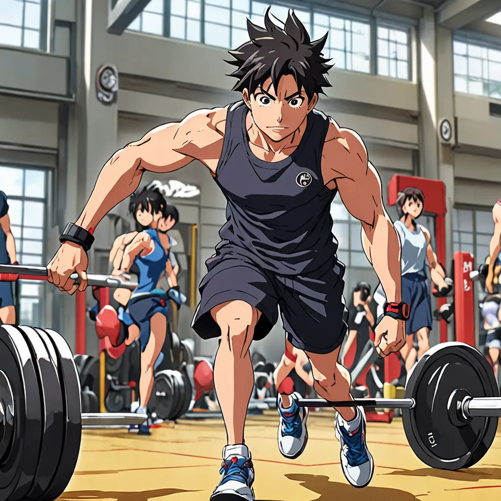 a man is running with a barbell in a gym with other people in the background, and a man in a black shirt is holding a barbell, sots art, poster art, Baiōken Eishun, official art