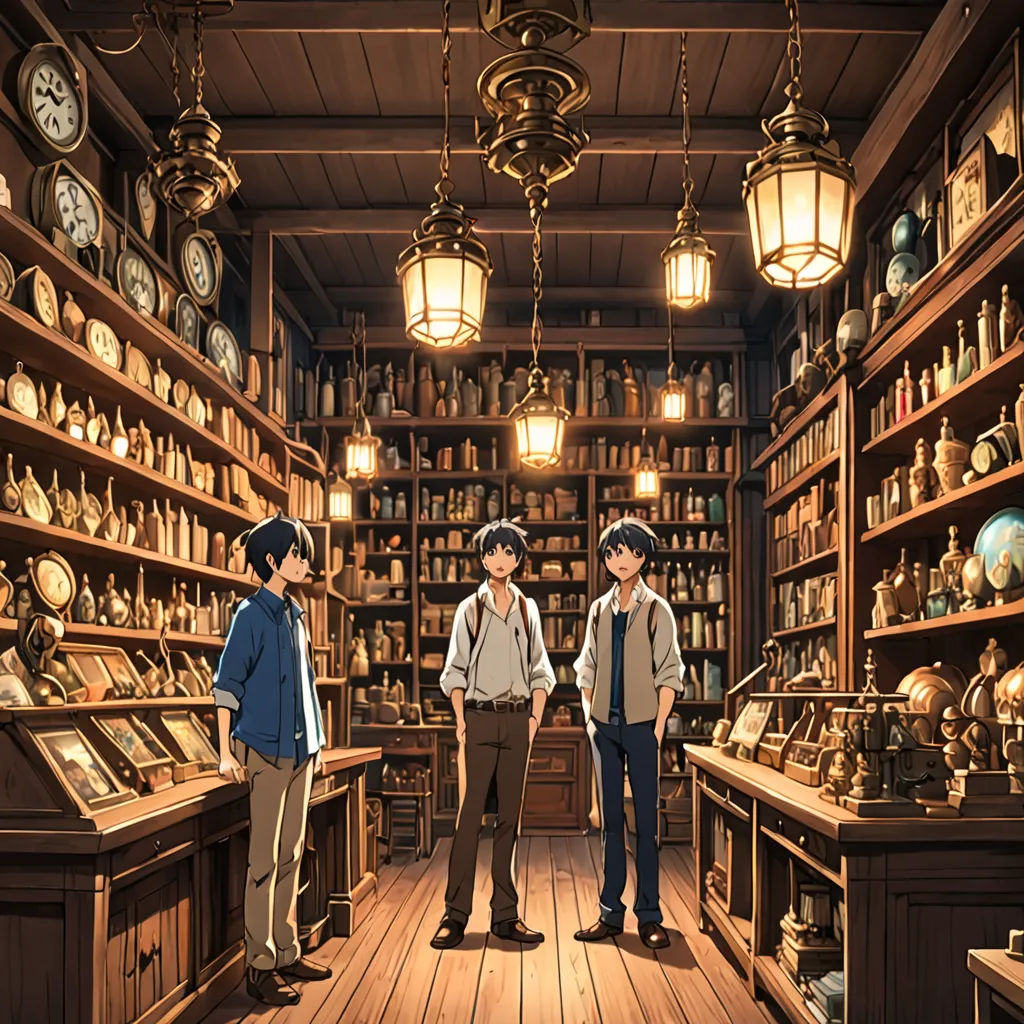 three boys standing in a room with many shelves of clocks and clocks on the walls and ceiling, and a man in a blue shirt and tan pants, rayonism, a detailed matte painting, Anne Said, official art