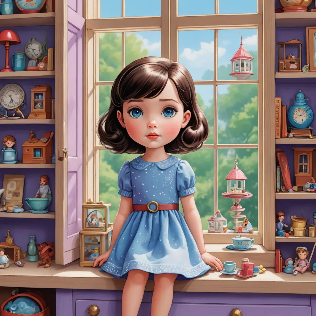 a painting of a little girl standing on a window sill in front of a window with a clock, pop surrealism, a storybook illustration, Clarice Beckett, storybook illustration