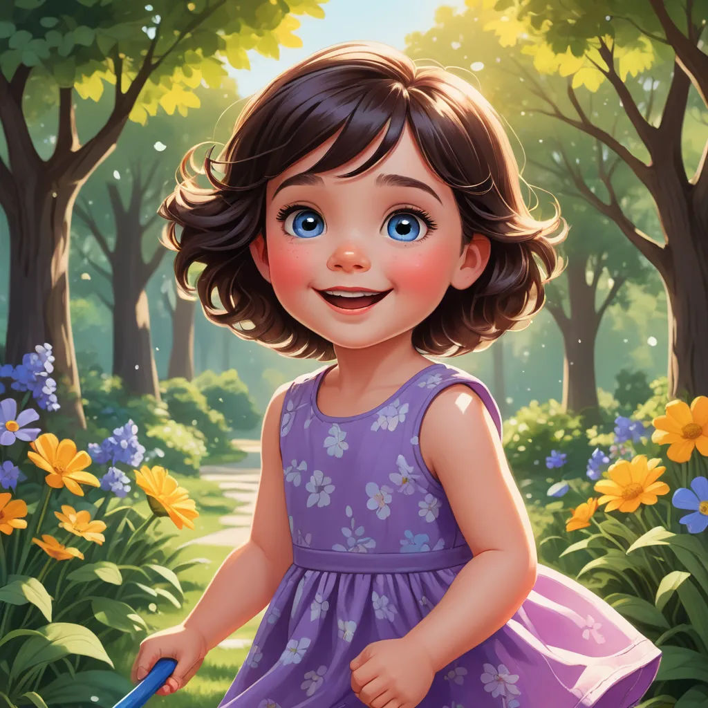 a little girl in a purple dress holding a blue umbrella in a park with flowers and trees in the background, fantasy art, a storybook illustration, Chris Rallis, kinkade