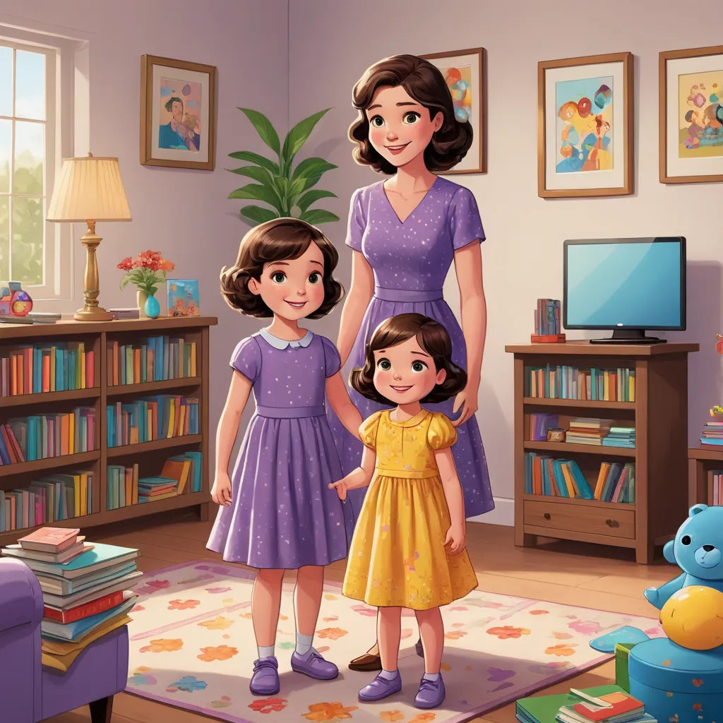 a cartoon of a family in a living room with a tv and bookshelf in the background and a bookcase with books, american scene painting, a storybook illustration, disney, storybook illustration